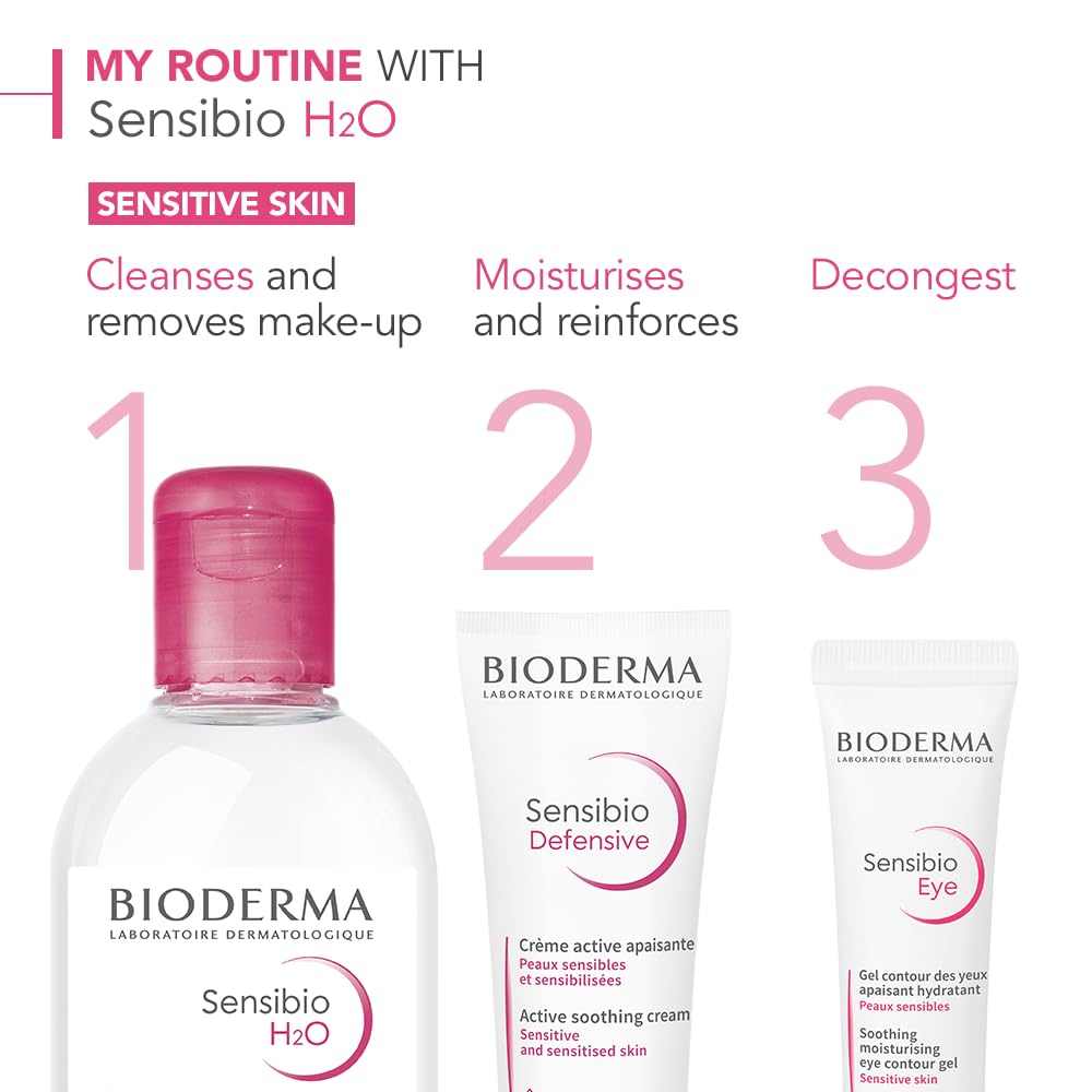 Bioderma Sensibio H2O Soothing Micellar Cleansing Water and Makeup Removing Solution for Sensitive Skin - Face and Eyes - 3.33 Fl Oz (Pack of 3)