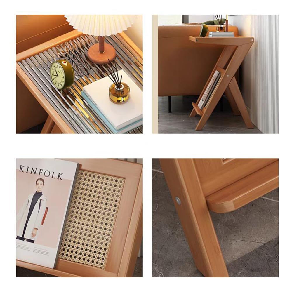 Makeup Toy Bamboo and Rattan Harmony: Modern Z-Shaped Nightstand with Glass Top - Stylish and Practical Accent Furniture for Bedroom and Living Room. Perfect for Small Spaces, Apartments.