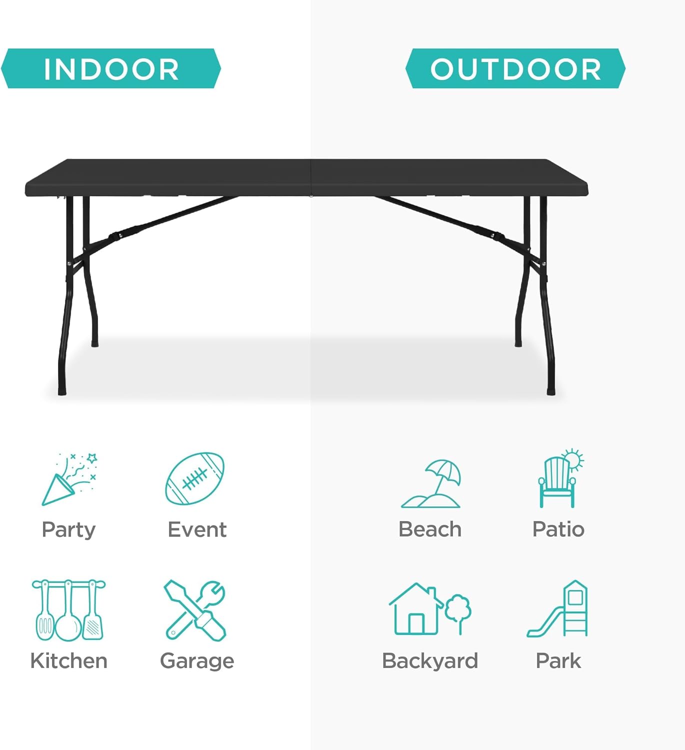 MOMENT [180×75×75cm] Folding Lightweight Trestle Outdoor Camping Table,Heavy Duty Plastic Outdoor Folding Picnic Table,Folding Trestle Table For BBQ Party, Folds in Half with Carry Handle