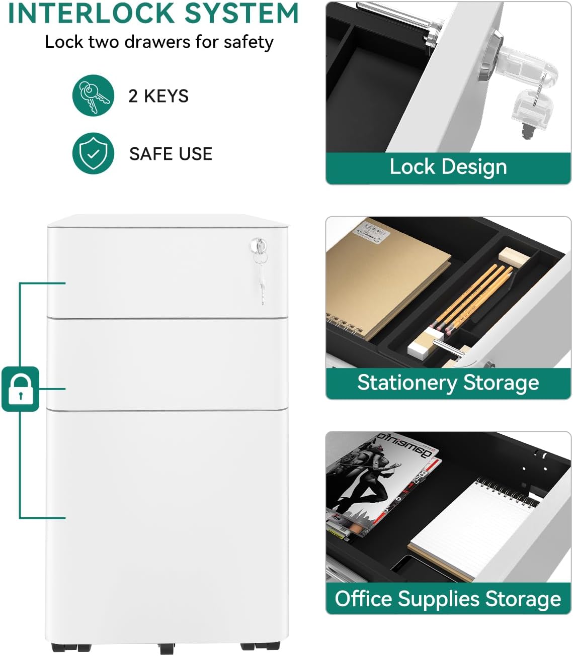 YITAHOME Fully Assembled Metal File Cabinet with 3 Lockable Drawers, Mobile Filing Cabinet for Home Office, Under Desk File Office Drawers for Letter/Legal/A4, Black, 30 x 46 x 59cm