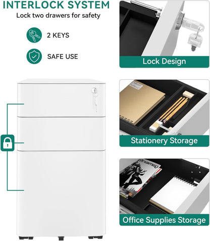 YITAHOME Fully Assembled Metal File Cabinet with 3 Lockable Drawers, Mobile Filing Cabinet for Home Office, Under Desk File Office Drawers for Letter/Legal/A4, Black, 30 x 46 x 59cm