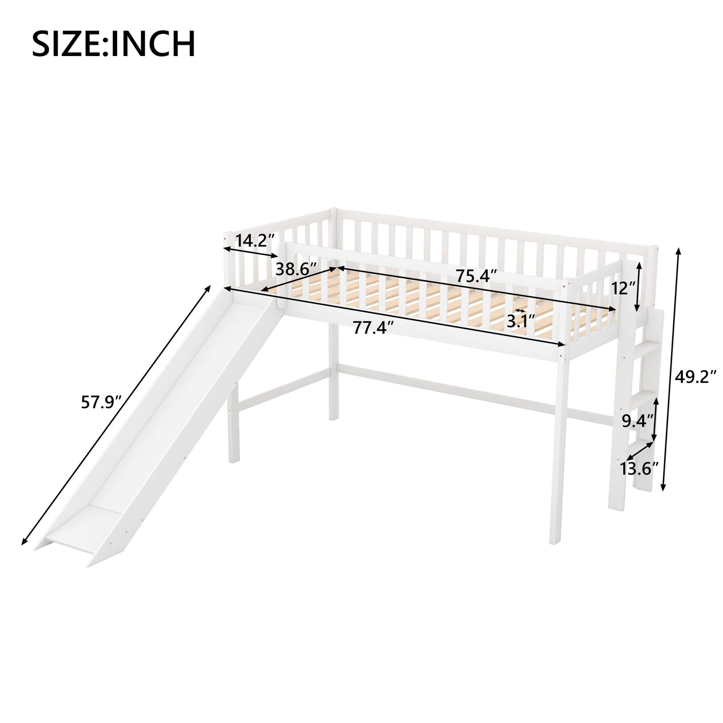 Lostcat Twin Over Twin Low Bunk Bed, House Bed for Kids, House-Shaped Solid Pine Wood Bed Frame w/Safety Guardrail & Ladder, No Box Spring Needed, for Girls, Boys - White