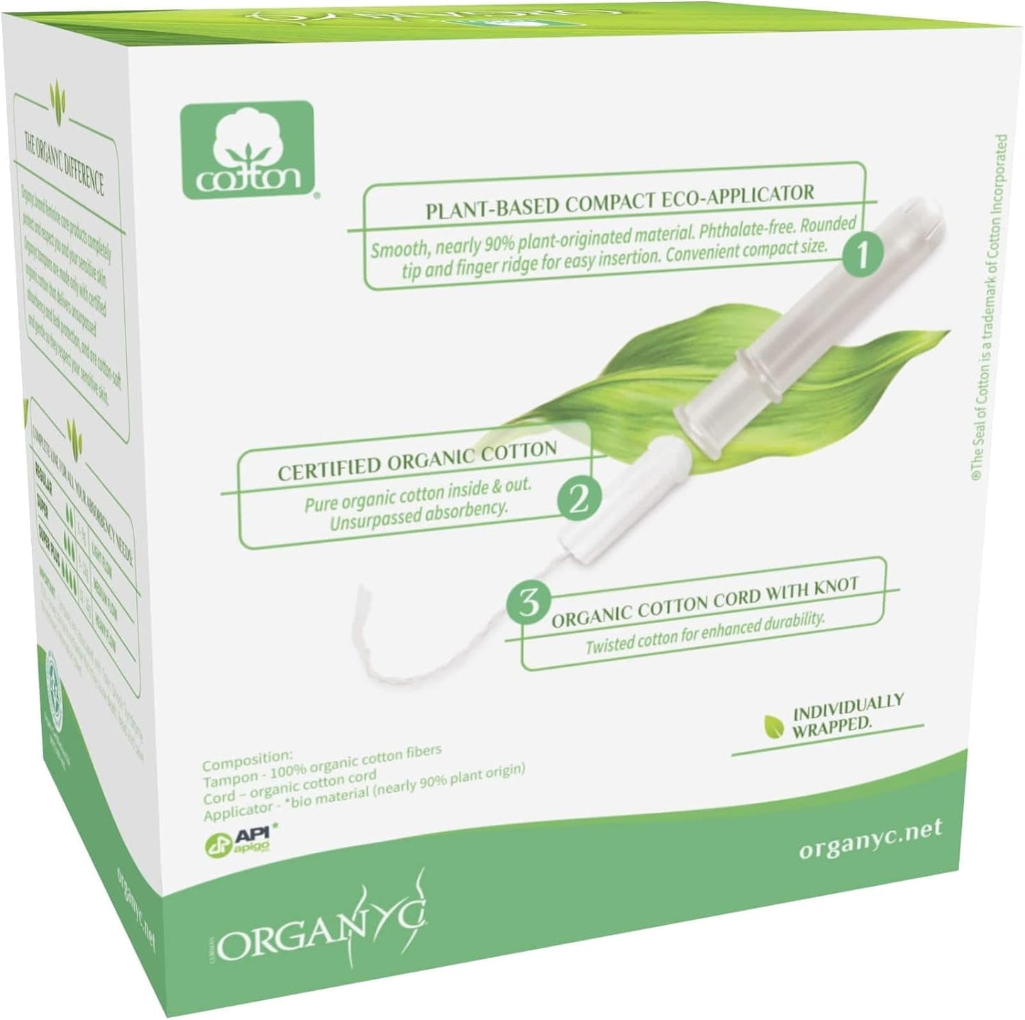 Organyc 100% Certified Organic Cotton Tampons, Plant-Based Eco-Applicator, Super Flow, White and Green, 16 Count