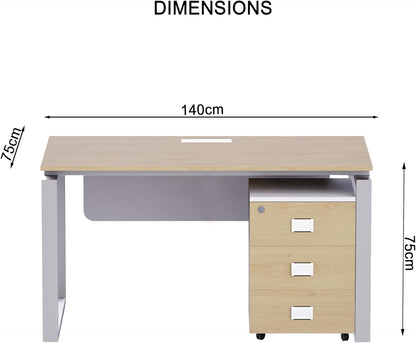 Mahmayi Carre Modern Workstation- Office Furniture with Steel Square Metal Legs, Silver Modesty Panel, Wood 3 Drawer Mobile Storage Unit, Tempered Glass Top for Office Executives, Home (140CM, White)