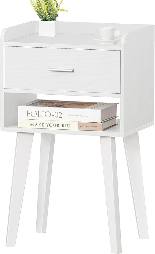 White Nightstand, Bed Side Table with Drawer Open Shelf, Wood Nightstands, End Table with Storage, Mid Century Night Stands for Bedrooms/Living Room/Office 26.38''H