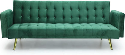 Modern Design MH-1048SB-GREEN SOFA CUM BED OR 3 Seater Sofa Soft PU Velvet 3-Seater Sofa,Made of finiest VELVET sofa AND Golden legs cum bed is Foldable Futon Bed for Living Room –(GREEN)