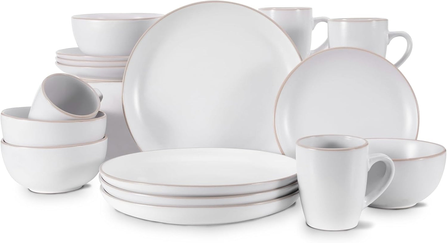 BOBOYM Dinnerware Set,16 Piece White Round A grade Stoneware Dinnerware Set for 4, Kitchen Plates And Bowls Set with Mugs,black dinnerware set