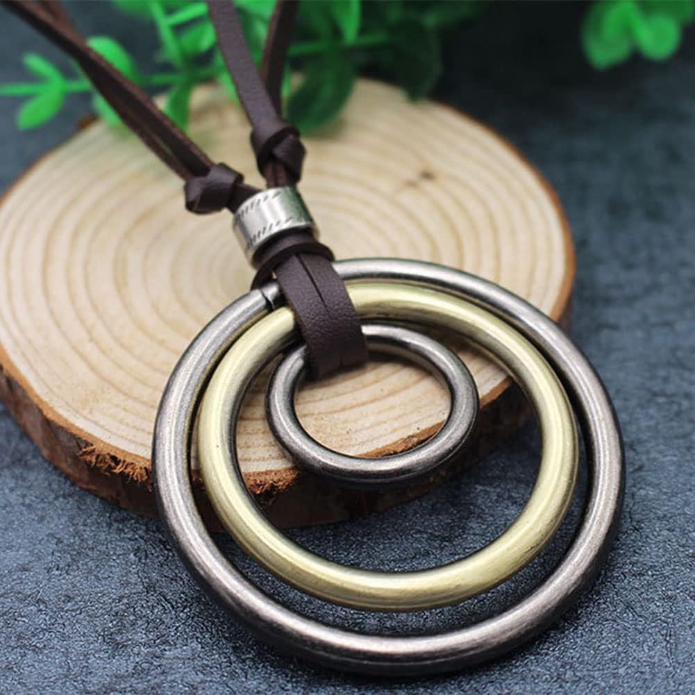 JczR.Y Leather Necklace for Men Double Circle Rings Leather Rope Pendant Necklace Punk Leather Chain Disc Ring Necklace Vintage Jewelry Gift