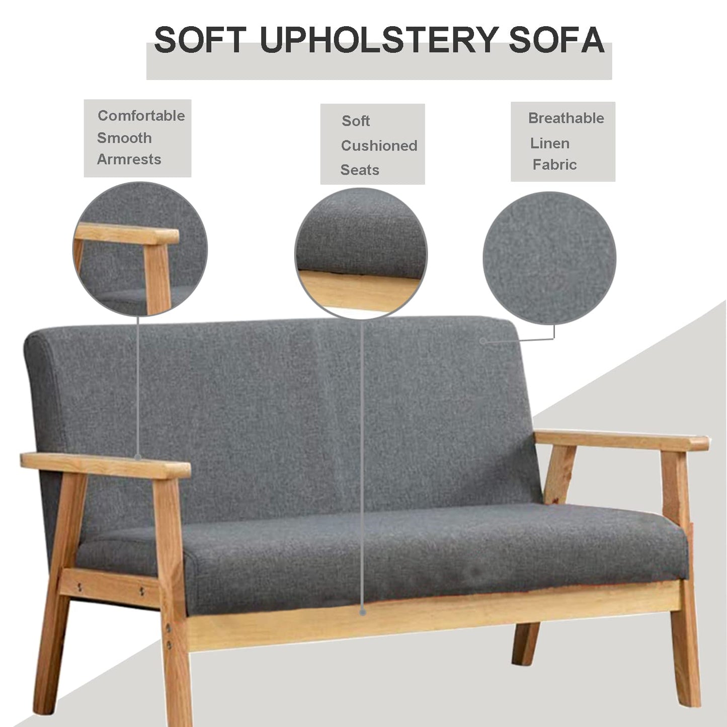 iropro Grey Small Sofa for Living Room Wood Furniture, 2 Seater Compact Loveseat Couch Lounge for Home Office, Linen Fabric Upholstered Seat Comfortable Padded Seat for Reception Bedroom