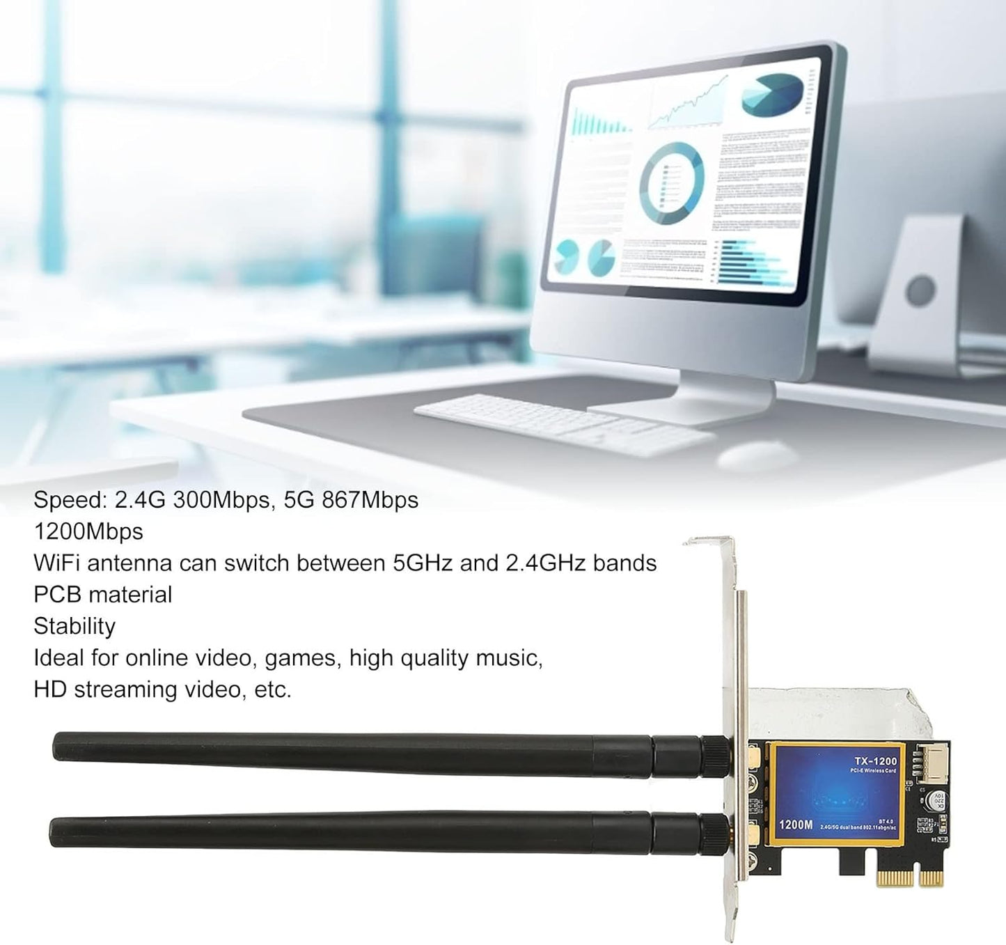 1200Mbps PCI E WiFi Card, 4.0 Wireless Adapter, Dual Band WiFi Card Adapter for Gaming, Streaming