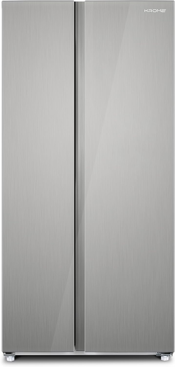 KROME 600L Gross, Side By Side Refrigerator with Multi Air Flow System, Electronic Touch Temperature Control, Door Alarm, No Frost Cooling System, 10 Year Compressor Warranty, Silver- KR-SBS601SM