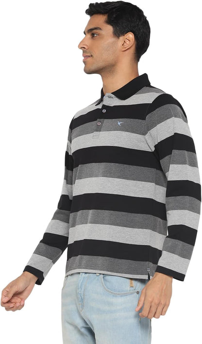 Deniklo Men's Polo Collar Full Sleeves Striped T-Shirt with Embroidery DK 240