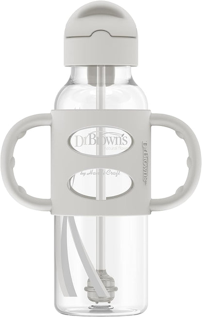 Dr. Brown’s® Milestones™ Narrow Sippy Straw Bottle with 100% Silicone Handles, 8oz/250mL, Gray & Blue, 2 Pack, 6m+