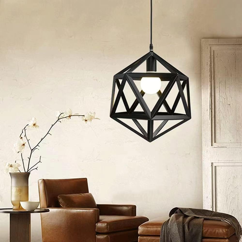 HUA QIANG WANG Industrial Pendant Light Diamond Shape 1-Light Adjustable Height Black Metal Hanging Lamp Vintage Farmhouse Ceiling Light Fixture for Kitchen Island Dining Room Living Room Bedroom