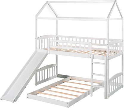 ATY Twin-Over-Twin Bunk Bed with Slide, House Bunkbeds Frame w/Roof for Toddler, Kids, Teens, No Box Spring Needed, White