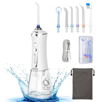 Dental Flosser, Oral Irrigator for Teeth with 5 Pressure Level, 6 Replaceable Jet Tips,IPX7 Waterproof, Portable,and Rechargeable Teeth Cleaner for Home&Travel -330ml Detachable Reservoir-White