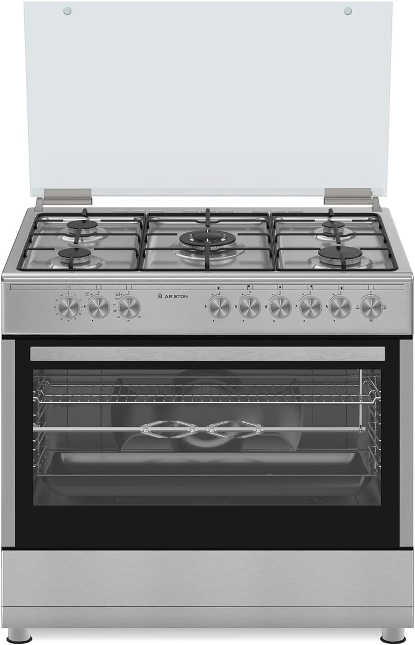 Ariston 90x60 cm Freestanding Cooker, Full Gas Cooking Range-5 Burners with 1 Triple Crown Sabaf, One Hand Automatic Ignition, Full Safety, Skewer Turnspit, Matt Finish Grids, Maxi-Oven AM9GM1KMX/MEA