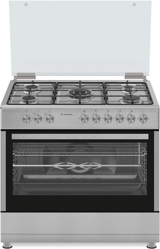 Ariston 90x60 cm Freestanding Cooker, Full Gas Cooking Range-5 Burners with 1 Triple Crown Sabaf, One Hand Automatic Ignition, Full Safety, Skewer Turnspit, Matt Finish Grids, Maxi-Oven AM9GM1KMX/MEA