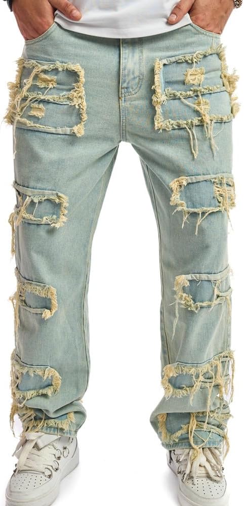 WEIBUMAOYI Men's Loose Fit Pants Relaxed-Fit Men Jeans Washed Oversize Straight Leg Carpenter Jean