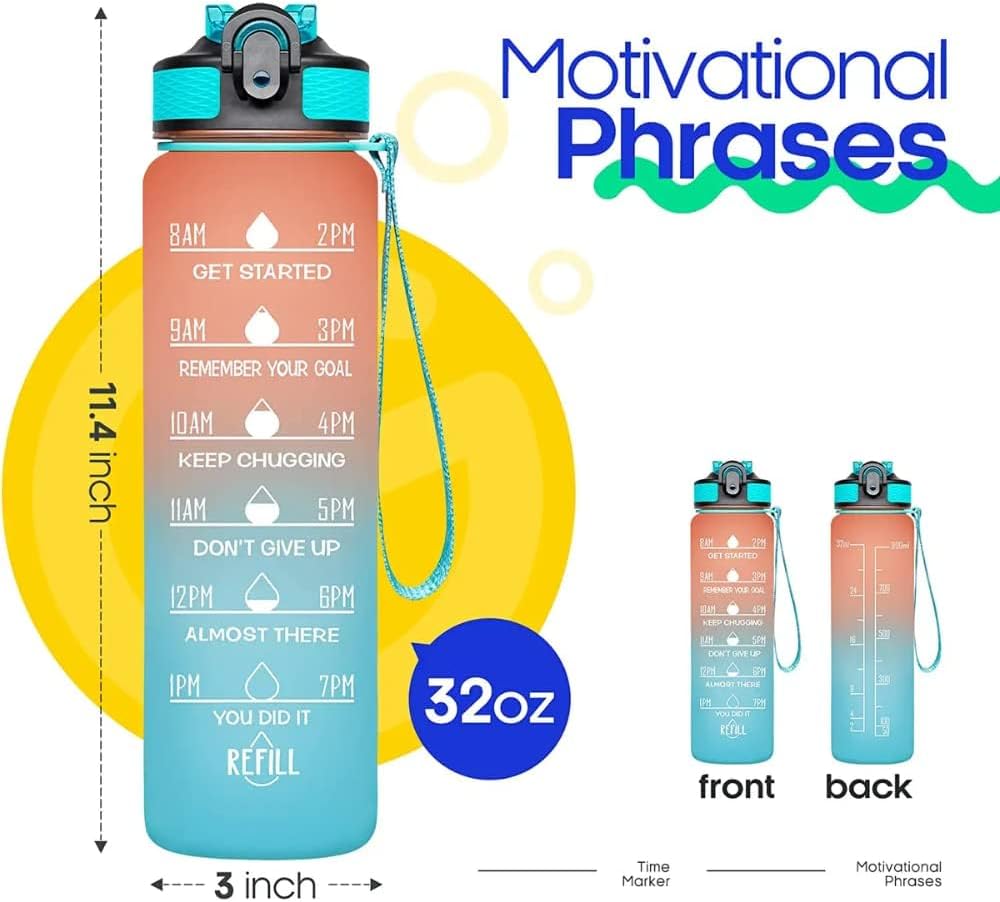 Illys Plastic Water Bottle, 1L / 32oz with Motivational Time Marker (Multi colour)