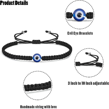 HEXXEE Amzuia 2 Pcs Evil Eye Bracelet, Handmade Adjustable Lucky Protection Bracelet for Women Men Teen Boys Girls - Black