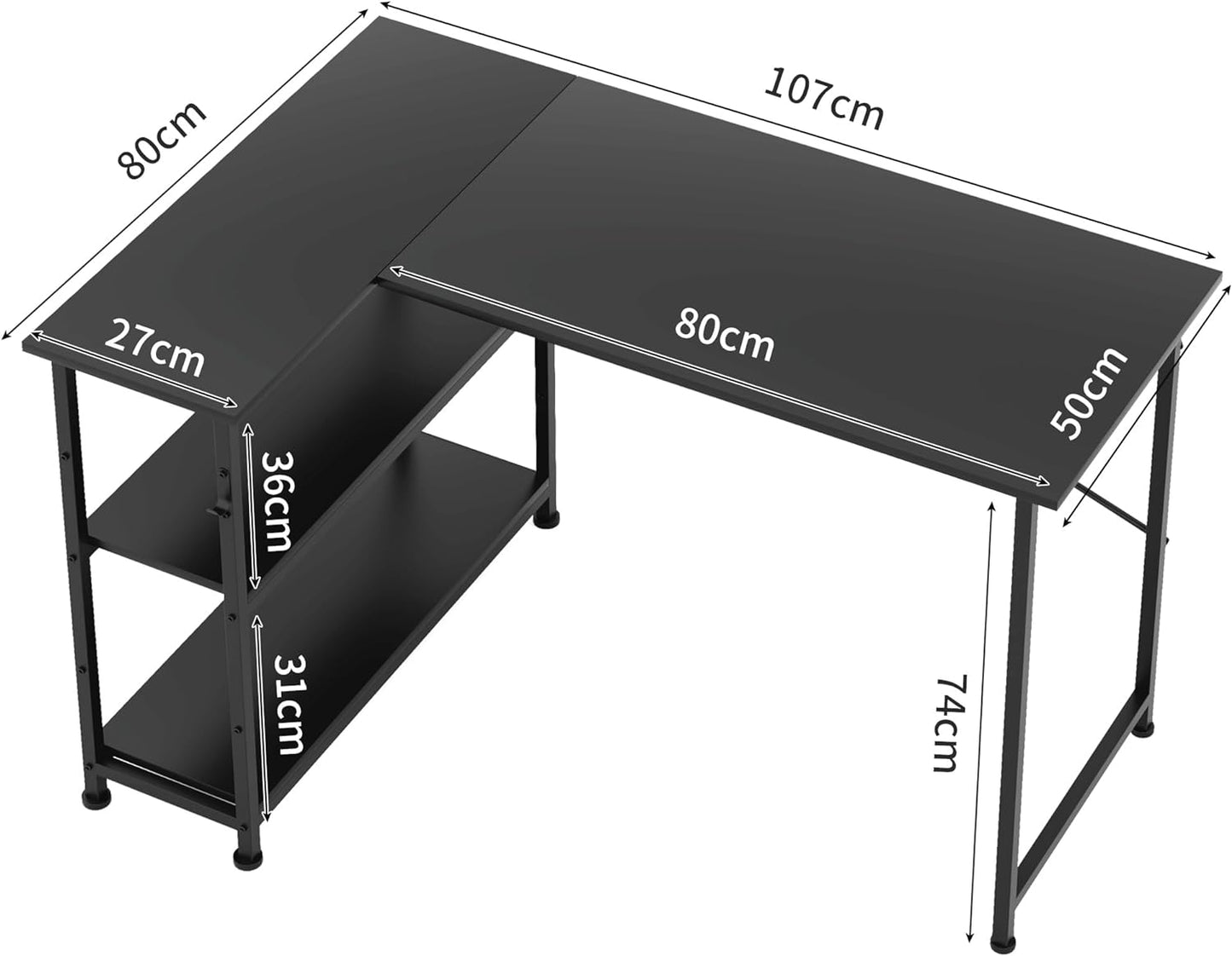 WWI Office Desk L Shaped Computer Desk 110cm Desk Table with Storage Shelves Modern Study Desk for Home Office Workstation (Black)