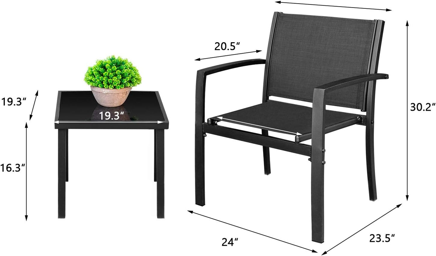 Homall 3 Pieces Patio Furniture Set Outdoor Patio Conversation Textilene Bistro Set Modern Porch Lawn Chairs with Coffee Table for Home and Balcony (Black)