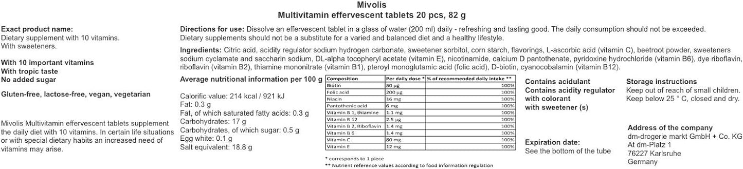 Mivolis Multivitamin effervescent Tablets - Dietary Supplements 8 Tubes x 20 pcs | Germany