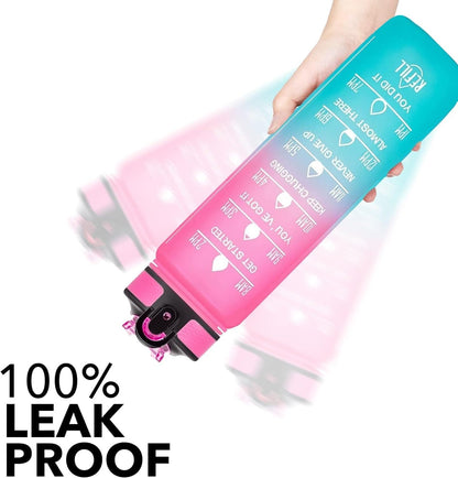 SKY-TOUCH 1L Sports Water Bottle : Motivational Water Bottle with Time Marker and Straw Leakproof Water Bottles for Fitness Gym and Outdoor Sports (Blue&Pink, 1pcs)