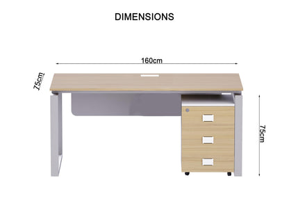 Mahmayi Carre Modern Workstation- Office Furniture with Steel Square Metal Legs, Silver Modesty Panel, Wood 3 Drawer Mobile Storage Unit, Tempered Glass Top for Office Executives, Home (140CM, White)