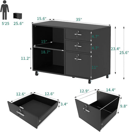 YITAHOME Wood File Cabinet, 3 Drawer Mobile Lateral Filing Cabinet, Storage Cabinet Printer Stand with 2 Open Shelves for Home Office Organization, Black