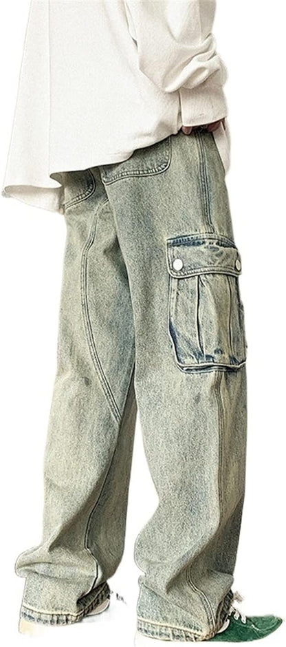 HOBTEC Menchinopants Baggy Pocket Jeans Men Casual Wide Leg Cargo Jeans Men Streetwear Loose Hip Hop Straight Denim Pants Mens Trousers (Color : Hortel�, Size : XXL)