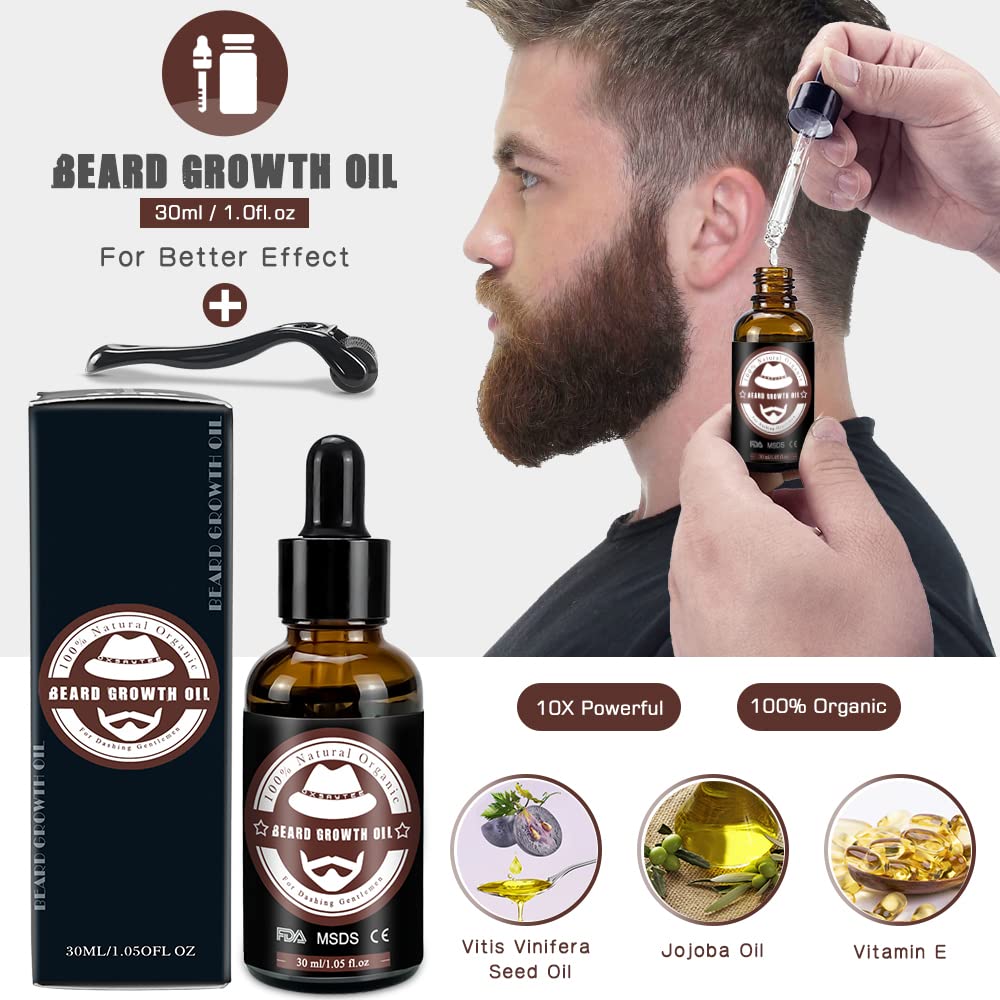 Beard Growth Kit for Men, Beard & Mustache Facial Hair Growth Roller Kit, Beard Growth Oil, Beard Balm, Beard Roller, Beard Comb,Storage Bag, Birthday Gifts for Fathers Dad Men with Free E-Book