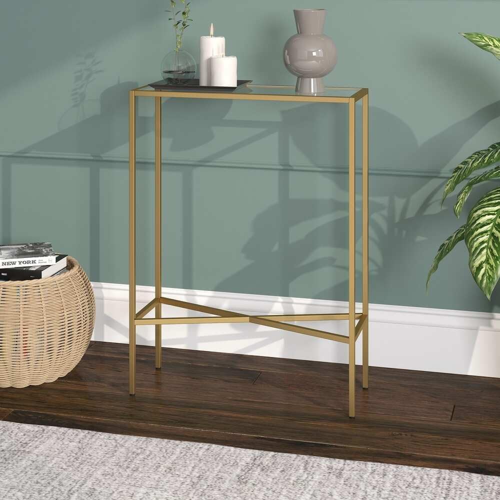 JOHN'SDECOR Small Console Table Entryway Table Sofa Side Table Metal Console Table With Clear Glass Modern Console Table TV Stand Modern Hallway Narrow Console Table For Living (Gold)