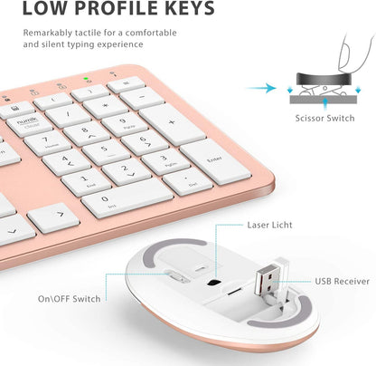 iClever Wireless Keyboard and Mouse GK08- Rechargeable Wireless Keyboard Ergonomic Full Size Design with Number Pad, 2.4G Stable Connection Slim White Keyboard and Mouse for Windows, Mac OS Computer