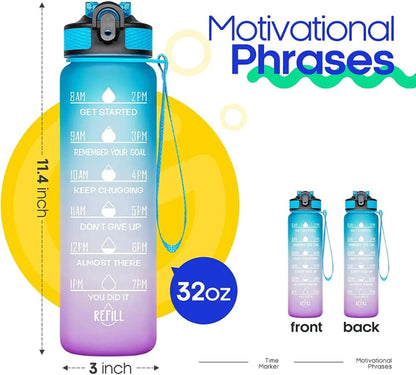 Illys Plastic Water Bottle, 1L / 32oz with Motivational Time Marker (Multi colour)