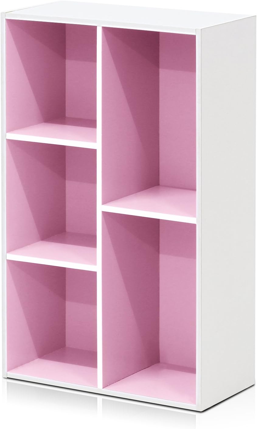 Furinno 5-Tier Reversible Color Open Shelf Bookcase, White/Pink 11055WH/PI