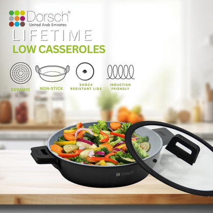 Dorschhome Low Casserole - Premium Cookware with Non-Stick "PROGLIDER" Ceramic Coating - Durable, Scratch-Resistant, TUV Certified - LFGB Tested- Induction Ready - 2 Years warranty (28 CM)