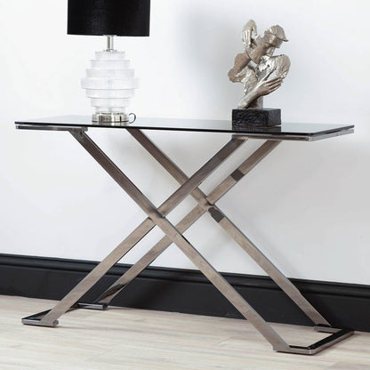 Vanity Living Console Table Modern Tempered Glass Top, Entryway Table Madrid Chrome Sturdy Stainless Steel Frame, Narrow Hallway Table for Living Room