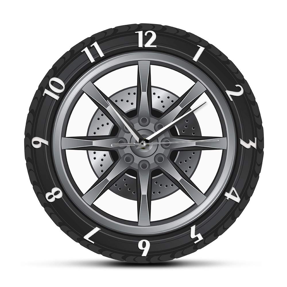 REVHQ 3D Big Wall Clock 3D Garage Wall Clocks Tire Rim Clock Silent Battery Operated Rubber Gear Decorative Clock for Automotive Mechanic Shop Car Enthusiasts Boys Bedroom Mute Wall Clock