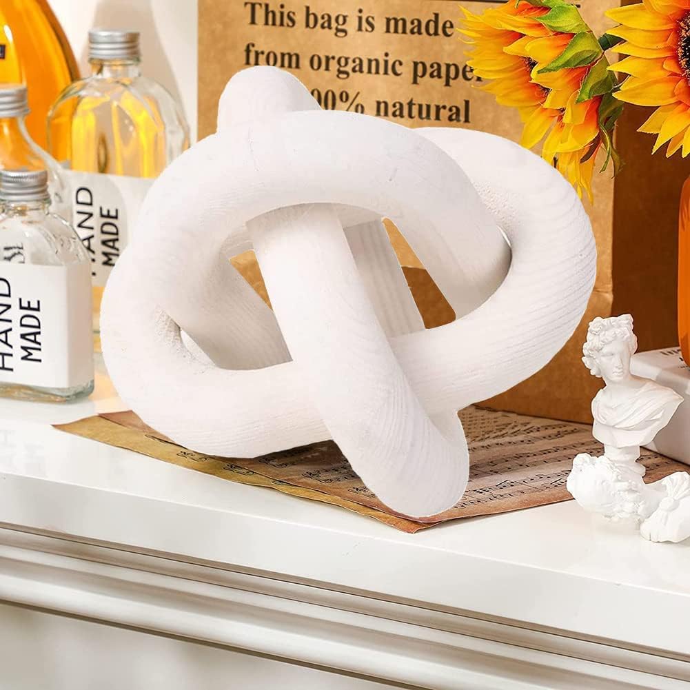 HUNMUI 2022 Wood Chain Link Decor White-3-Link Wood Knot Decor, Hand Carved Decorative Chain Knot, 6 Inch Knot Decorative Object-Wood Chain Decor Modern Farmhouse Coffee Table Decor (White)