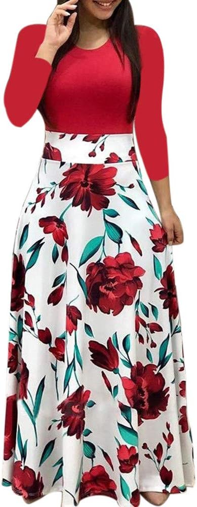 Fankle Women's Dress Bohemian Polka Dots Floral Print Maxi Dress O-Neck Long Sleeve A-Line High Waist Long Beach Dresses Casual Sundress