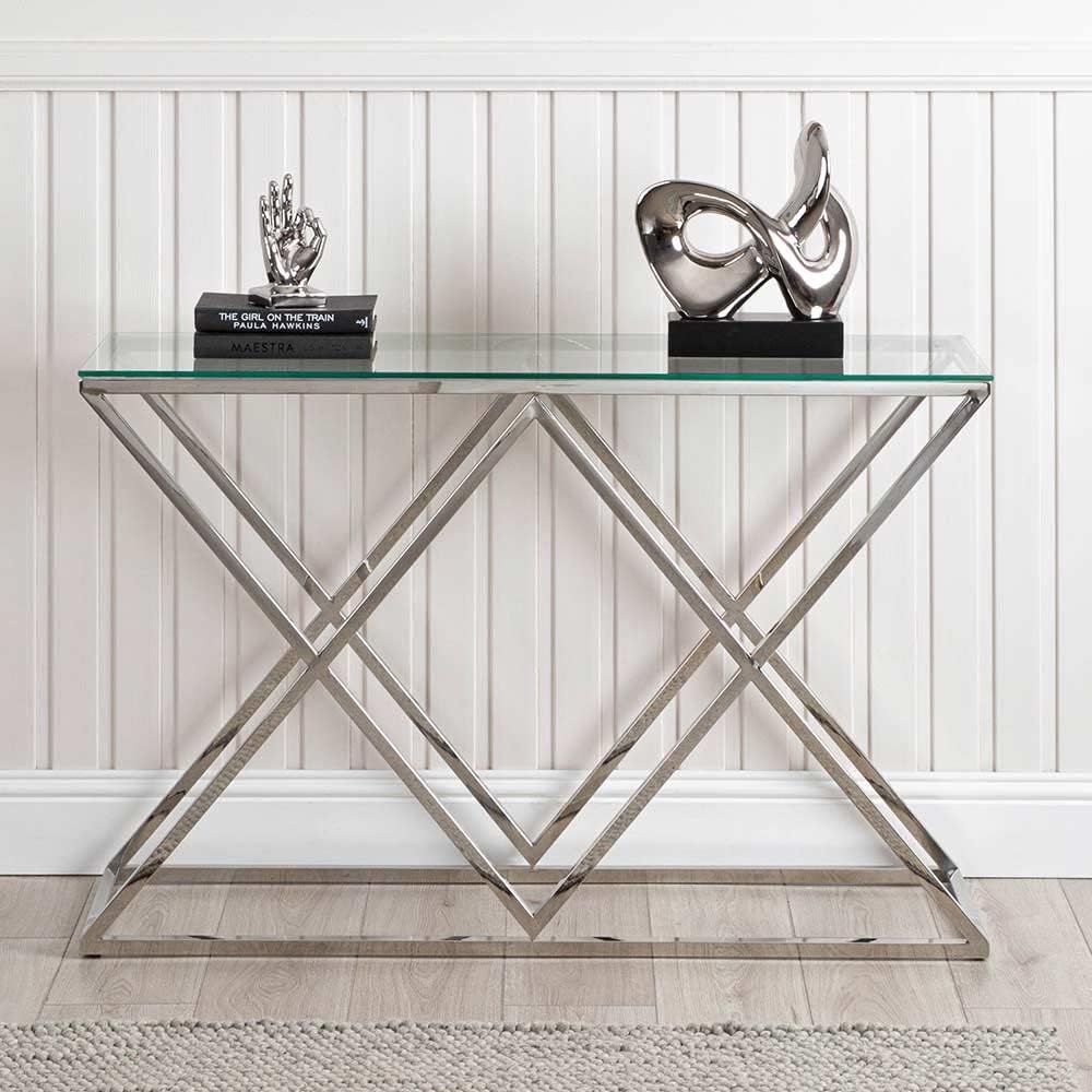 VANITY LIVING 120cm Console Table for Living Room Furniture, Slim Hallway Table with Silver Stainless Steel Base and Smoked Glass Top, Narrow Entryway Table