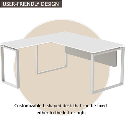 Mahmayi Carre Modern Workstation- Office Furniture with Steel Square Metal Legs, Silver Modesty Panel, Wood 3 Drawer Mobile Storage Unit, Tempered Glass Top for Office Executives, Home (140CM, White)