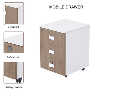 Mahmayi Carre Modern Workstation- Office Furniture with Steel Square Metal Legs, Silver Modesty Panel, Wood 3 Drawer Mobile Storage Unit, Tempered Glass Top for Office Executives, Home (140CM, White)