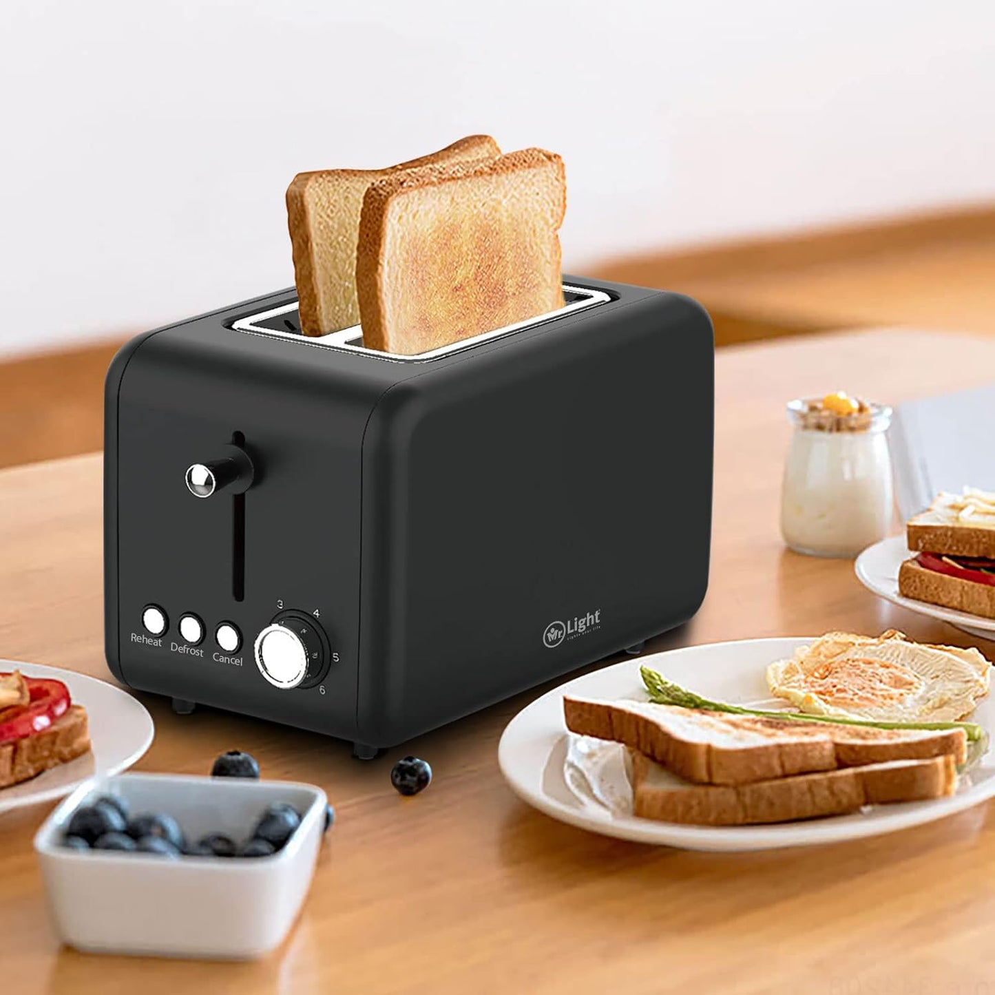 Mr Light Toaster, 2 Large Slots, Compact Electric Bread Toaster with 6 Toast Setting Defrost, Reheat, Cancel Functions, Removable Crumb Tray, Black Toaster (black), Mr.891