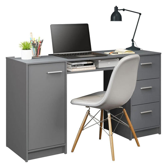 MADESA Home Office Computer Writing Desk with 3 Drawers, 1 Door and 1 Storage Shelf, Wood, 136 W x 77 H x 45 D Cm – Grey