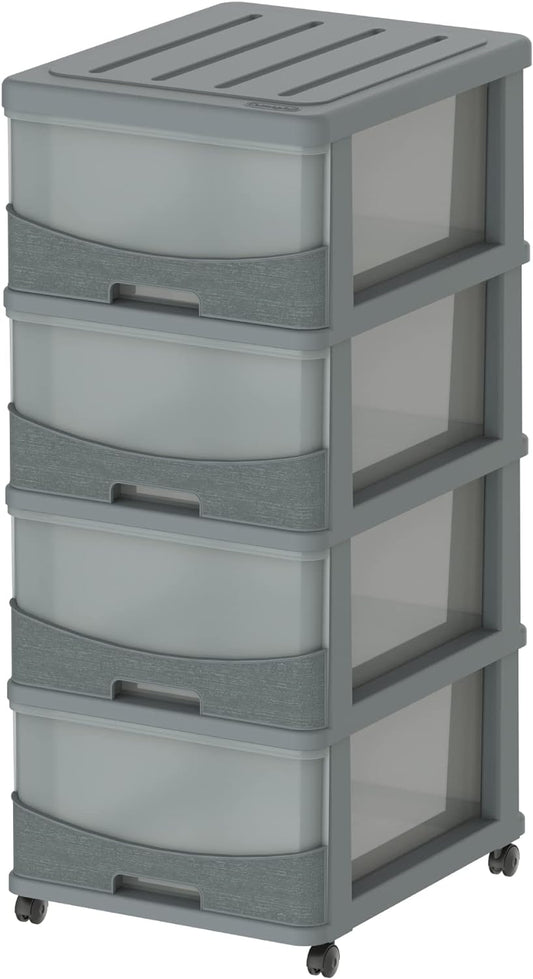 Cosmoplast Cedargrain 4 Tiers Storage Cabinet With Drawers And Wheels, Dark Grey