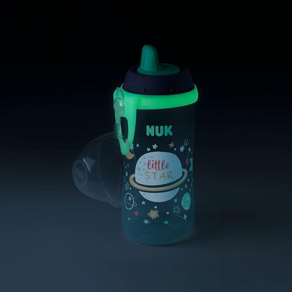 NUK Kiddy Cup Night Toddler Cup | 12+ Months | 300 ml | Leak-Proof Toughened Spout | Glow in The Dark | Clip & Protective Cap | BPA-Free | Purple