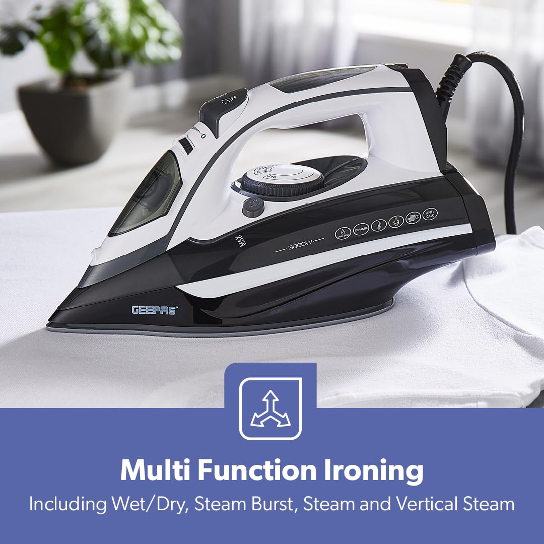 Geepas Ceramic Steam Iron, Temperature Control, Gsi24025 Ceramic Sole Plate, Wet And Dry Self Cleaning Function Powerful Steam Burst 400ML Water Tank 2 Years Warranty, Brown, 3000W